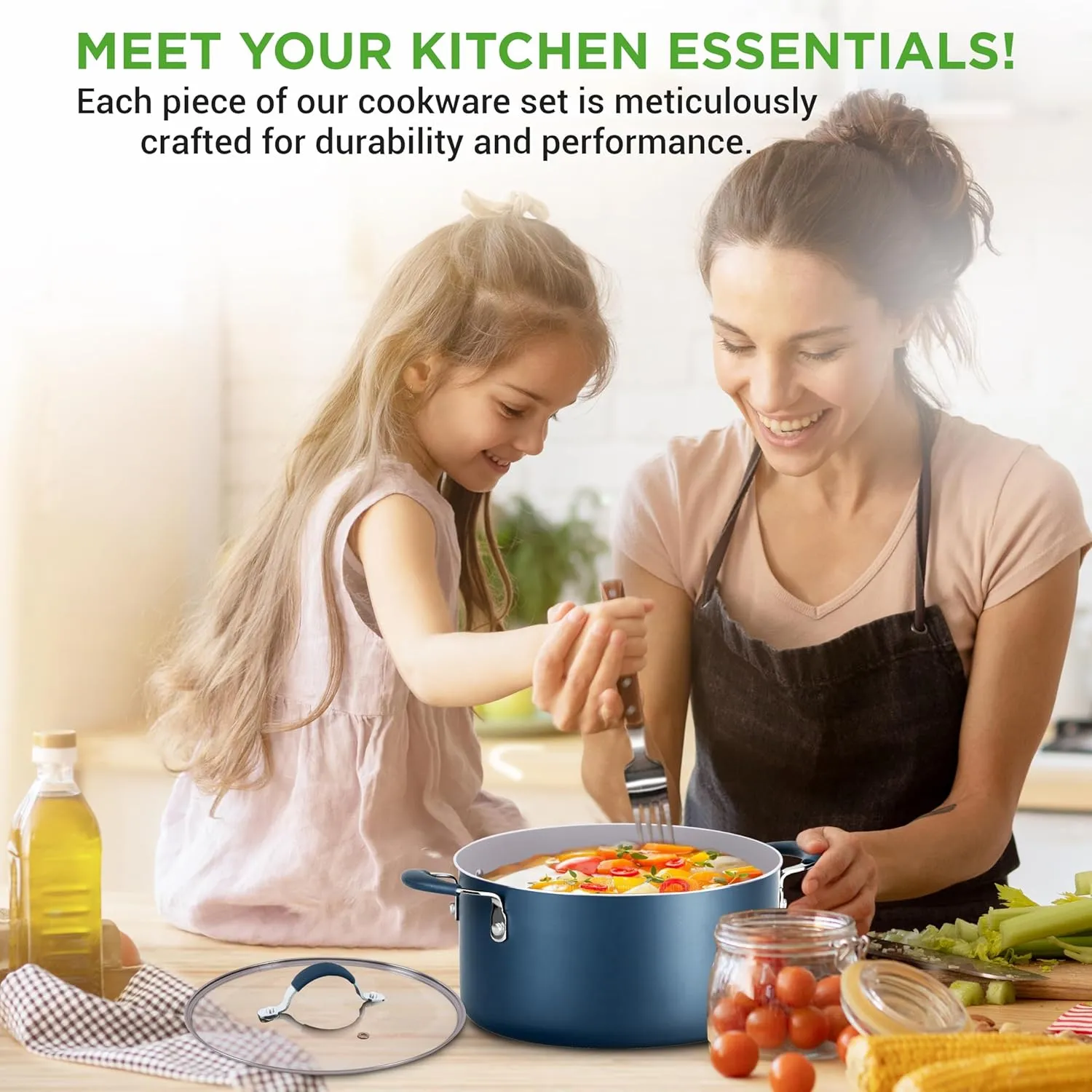 14-Piece Nonstick Kitchen Cookware Set - Free Heat Resistant Lacquer Kitchen Ware Pots Pan Set w/Saucepan, Frying Pans, Cooking Pots, Dutch Oven Pot, Lids, Utensils, Blue - NutriChef NCCW14SBLU.5