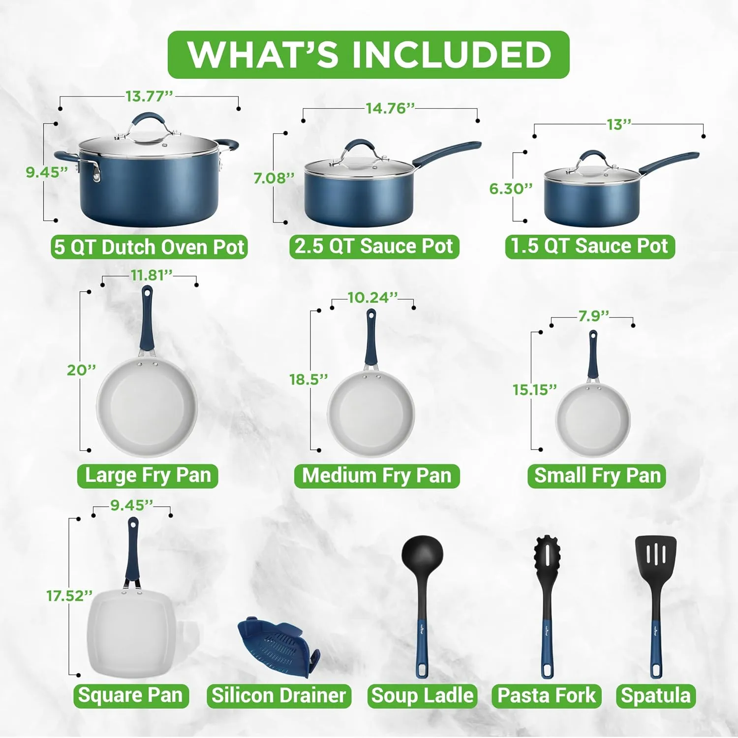 14-Piece Nonstick Kitchen Cookware Set - Free Heat Resistant Lacquer Kitchen Ware Pots Pan Set w/Saucepan, Frying Pans, Cooking Pots, Dutch Oven Pot, Lids, Utensils, Blue - NutriChef NCCW14SBLU.5