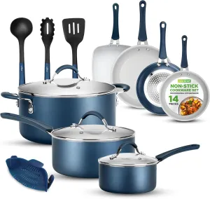 14-Piece Nonstick Kitchen Cookware Set - Free Heat Resistant Lacquer Kitchen Ware Pots Pan Set w/Saucepan, Frying Pans, Cooking Pots, Dutch Oven Pot, Lids, Utensils, Blue - NutriChef NCCW14SBLU.5