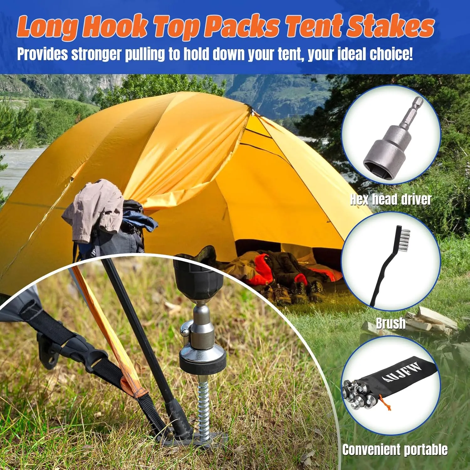15 Pcs 6.2" Drillable Threaded Long Hook Top Packs Tent Stakes, Heavy Duty Hardened Steel Ground Pegs for Grassland Garden Tents Canopies Awnings Camping Travel (Hex Tool and Storage Bag)
