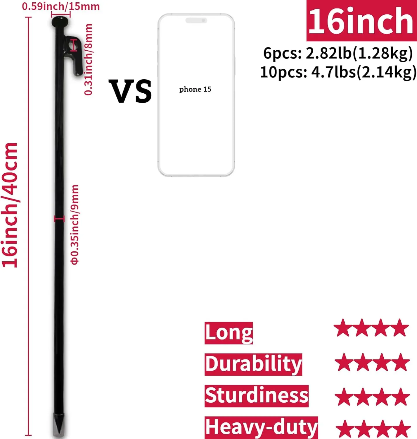 16Inch Heavy Duty Steel Tent Stakes –10 Pack Extra Long, Unbreakable Camping Pegs for Windproof, Rocky, Beach and Backyard – Durable and Inflexible for All Weather