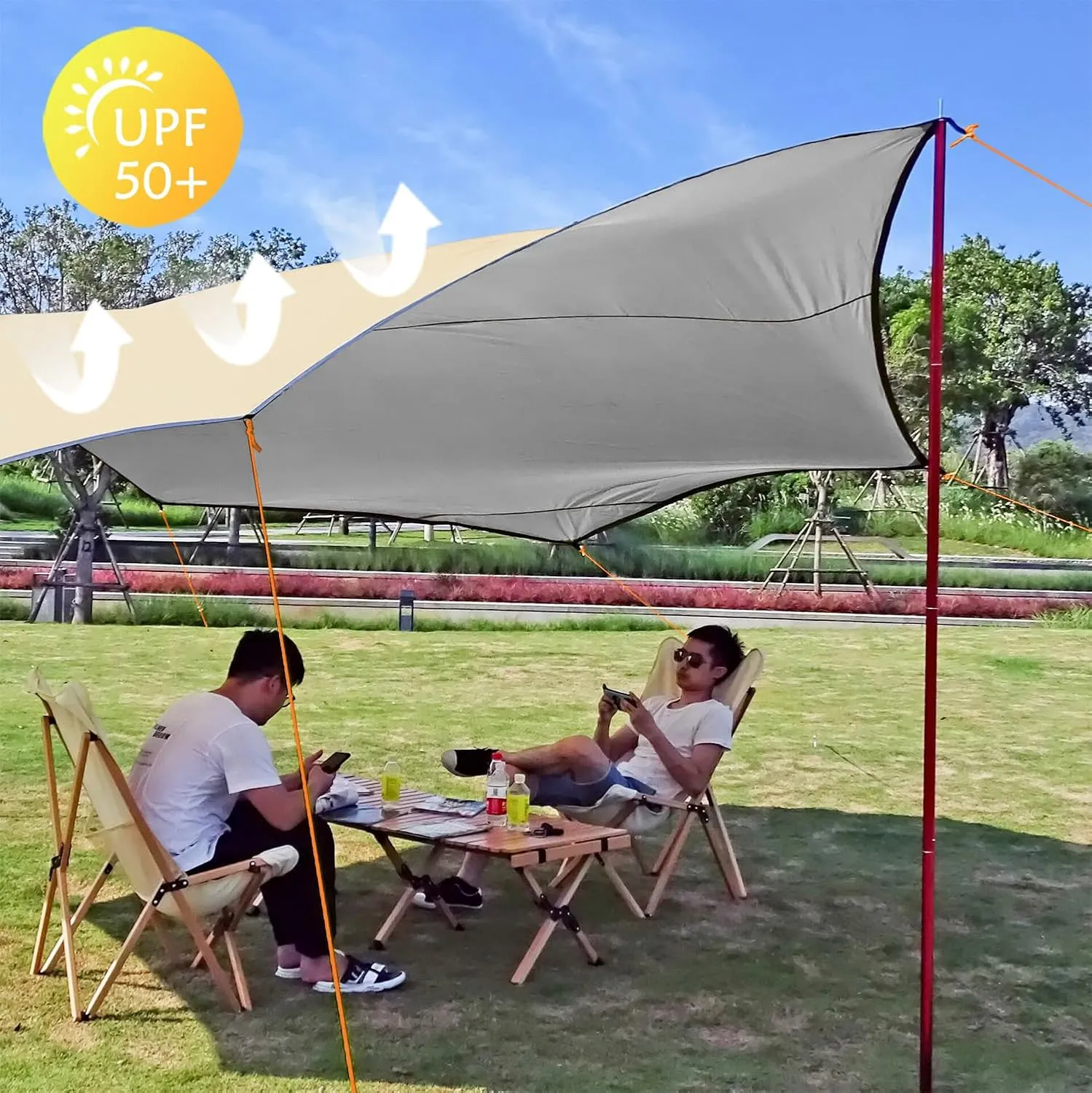 16x16 ft Large Camping Tarp Waterproof Hammock Rain Fly Camping Awning Sun Shelter Khaki (Without Pole) (Khaki)