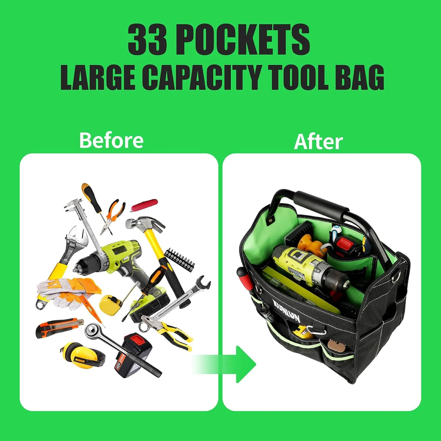 17-Inch Open Top Tool Bag, Electrician Tool Bag, Tool Tote Bag Organizer for Easy Tool Access, 33 Pockets Foldable Tool Carrier with Rotating Steel Handle and Removable Shoulder Strap (Black Green)