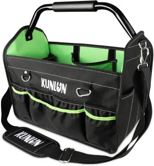 17-Inch Open Top Tool Bag, Electrician Tool Bag, Tool Tote Bag Organizer for Easy Tool Access, 33 Pockets Foldable Tool Carrier with Rotating Steel Handle and Removable Shoulder Strap (Black Green)