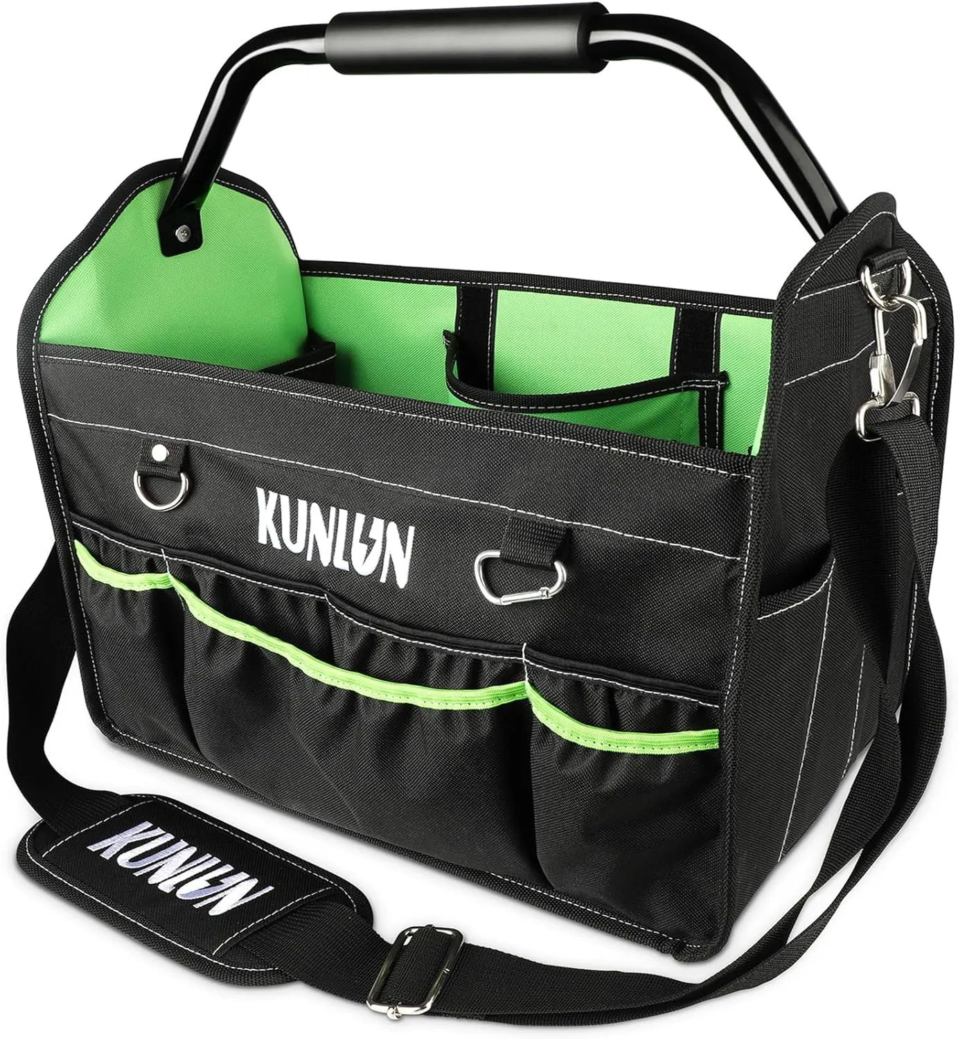 17-Inch Open Top Tool Bag, Electrician Tool Bag, Tool Tote Bag Organizer for Easy Tool Access, 33 Pockets Foldable Tool Carrier with Rotating Steel Handle and Removable Shoulder Strap (Black Green)