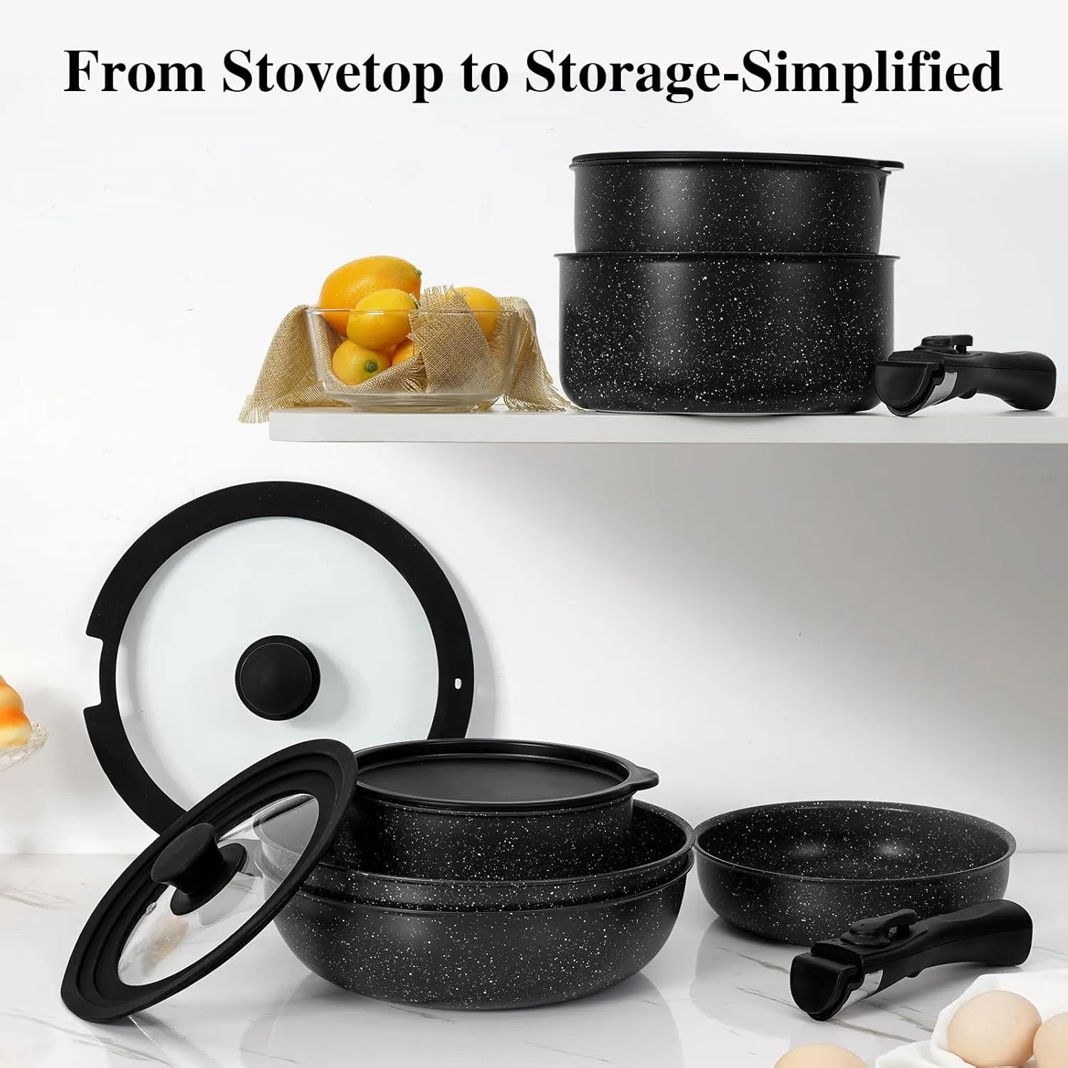 17 Pcs Pots and Pans Set Non Stick, Cookware Sets with Detachable Handle, Nonstick RV Kitchen Cooking Tools Removable Handles, Oven Safe, Induction Fast, Stackable Induction Cookware, Black