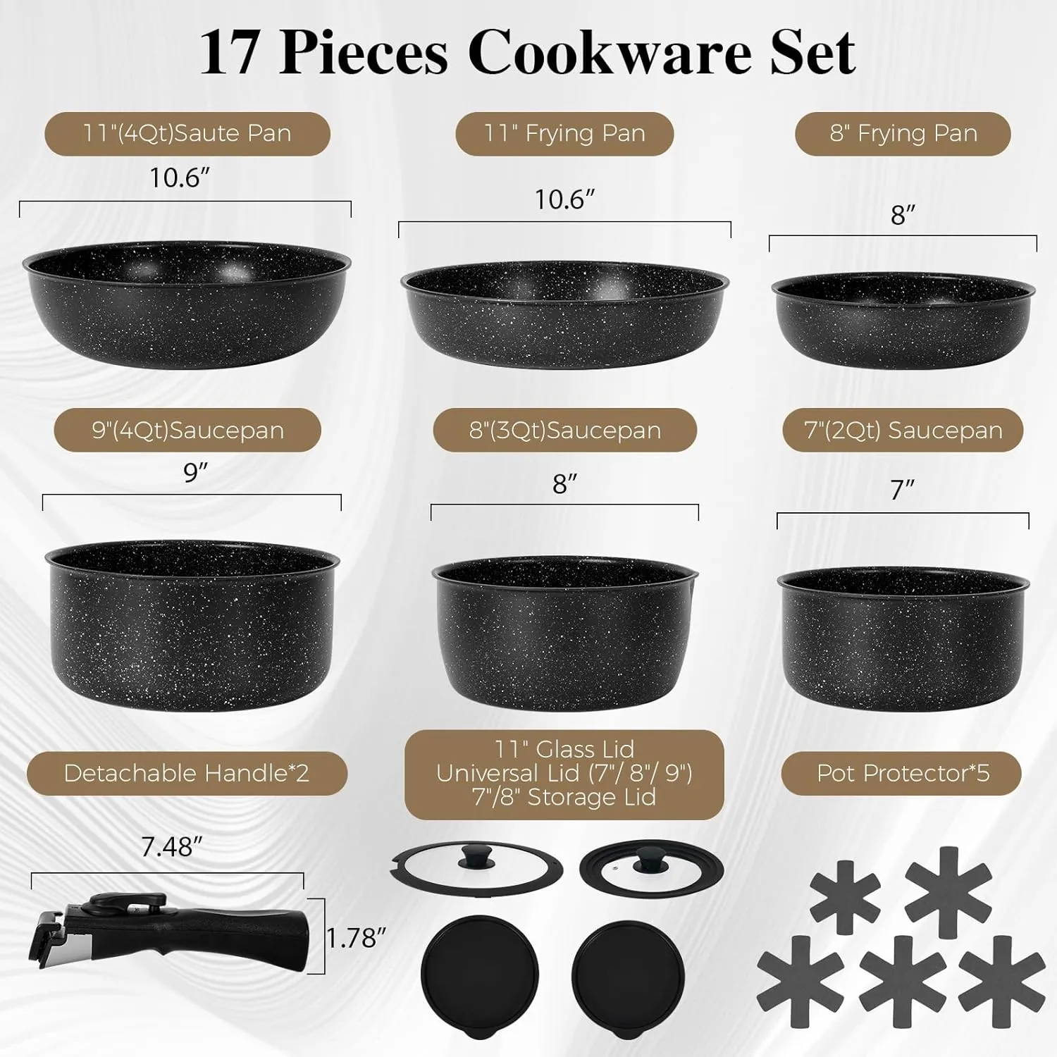 17 Pcs Pots and Pans Set Non Stick, Cookware Sets with Detachable Handle, Nonstick RV Kitchen Cooking Tools Removable Handles, Oven Safe, Induction Fast, Stackable Induction Cookware, Black
