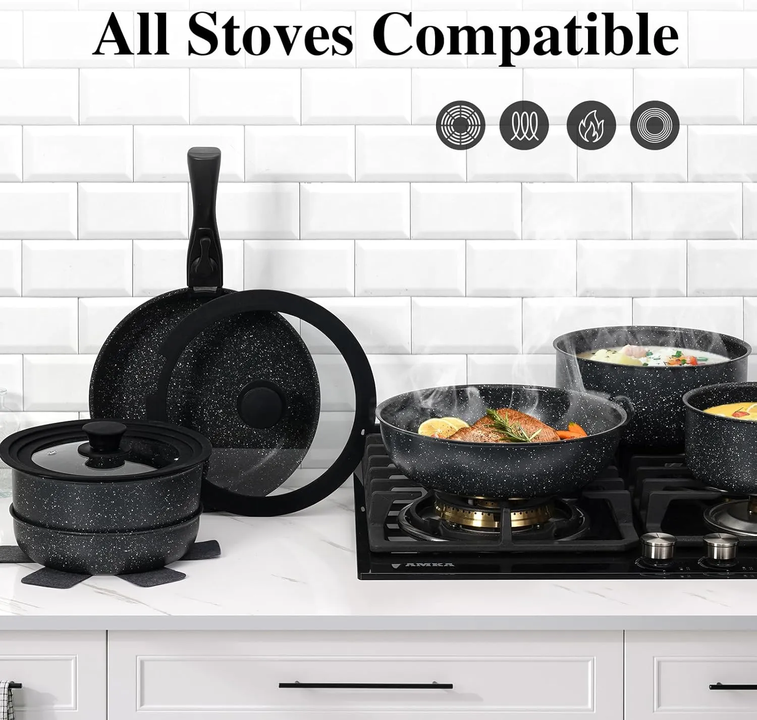 17 Pcs Pots and Pans Set Non Stick, Cookware Sets with Detachable Handle, Nonstick RV Kitchen Cooking Tools Removable Handles, Oven Safe, Induction Fast, Stackable Induction Cookware, Black