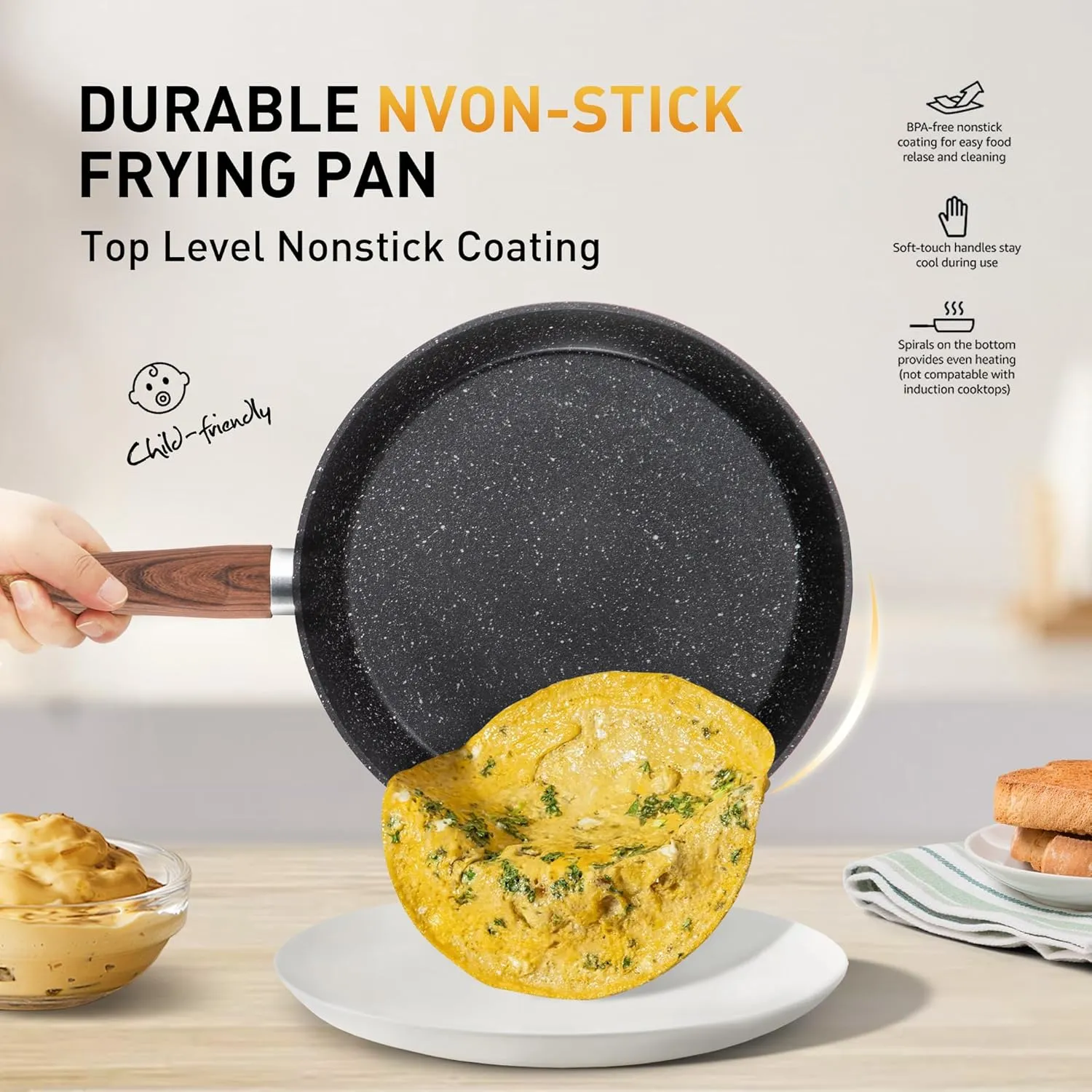 17 Piece Pots and Pans Set Non Stick, Nonstick Induction Granite Kitchen Cookware Set, Non Toxic Cookware Set with Frying Pans and Saucepan, Cooking Sets Pots and Pans, Black