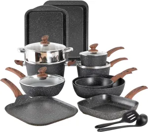 17 Piece Pots and Pans Set Non Stick, Nonstick Induction Granite Kitchen Cookware Set, Non Toxic Cookware Set with Frying Pans and Saucepan, Cooking Sets Pots and Pans, Black