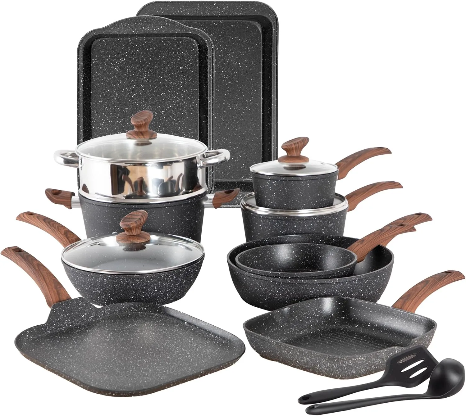 17 Piece Pots and Pans Set Non Stick, Nonstick Induction Granite Kitchen Cookware Set, Non Toxic Cookware Set with Frying Pans and Saucepan, Cooking Sets Pots and Pans, Black