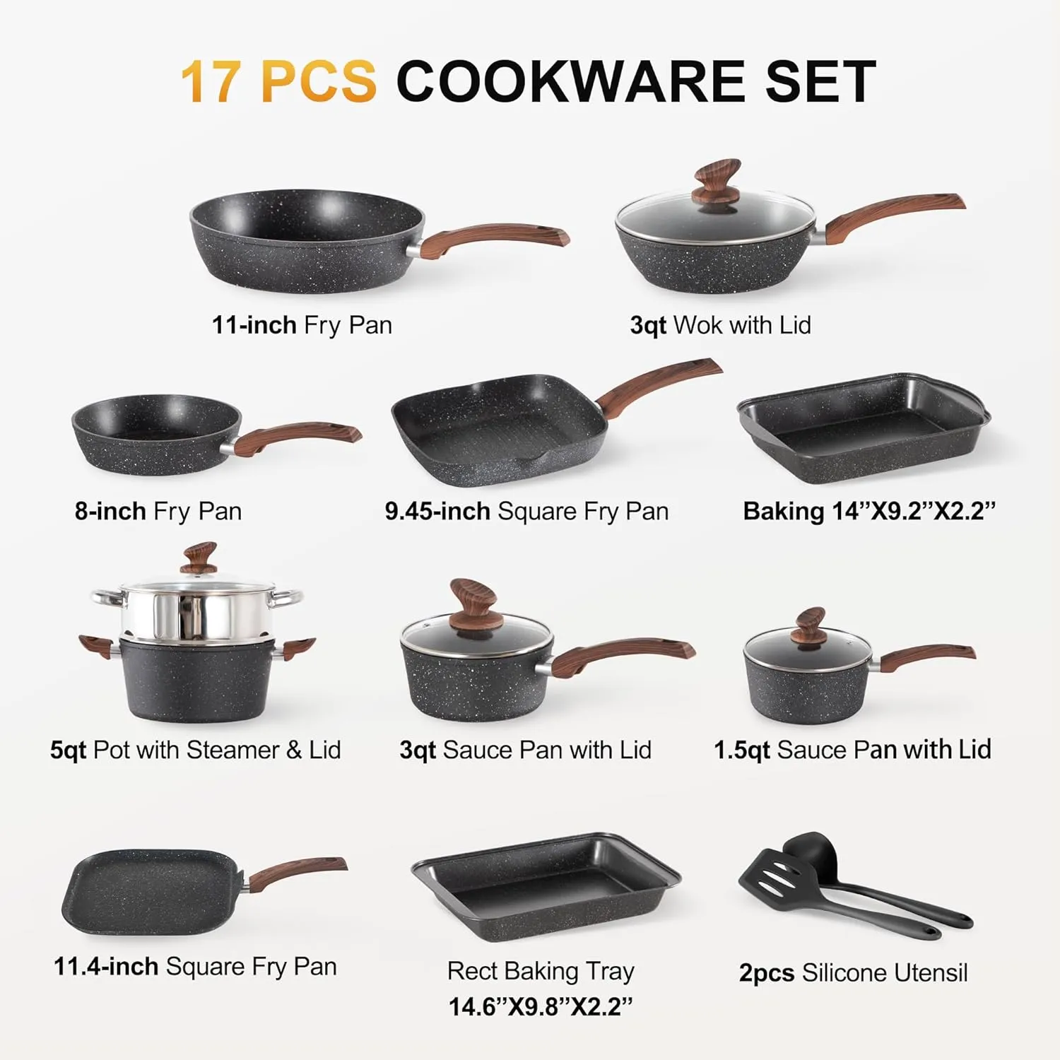 17 Piece Pots and Pans Set Non Stick, Nonstick Induction Granite Kitchen Cookware Set, Non Toxic Cookware Set with Frying Pans and Saucepan, Cooking Sets Pots and Pans, Black