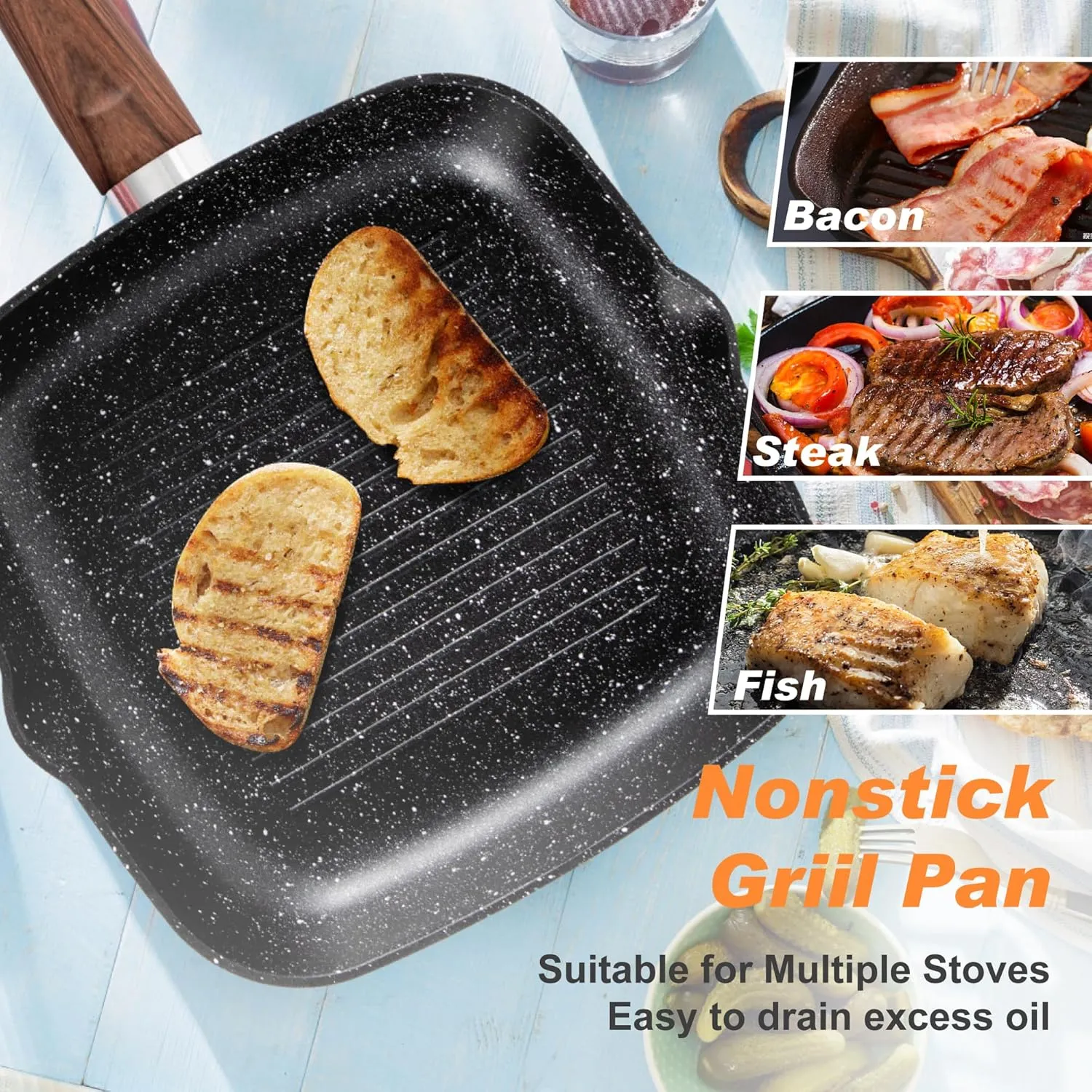 17 Piece Pots and Pans Set Non Stick, Nonstick Induction Granite Kitchen Cookware Set, Non Toxic Cookware Set with Frying Pans and Saucepan, Cooking Sets Pots and Pans, Black
