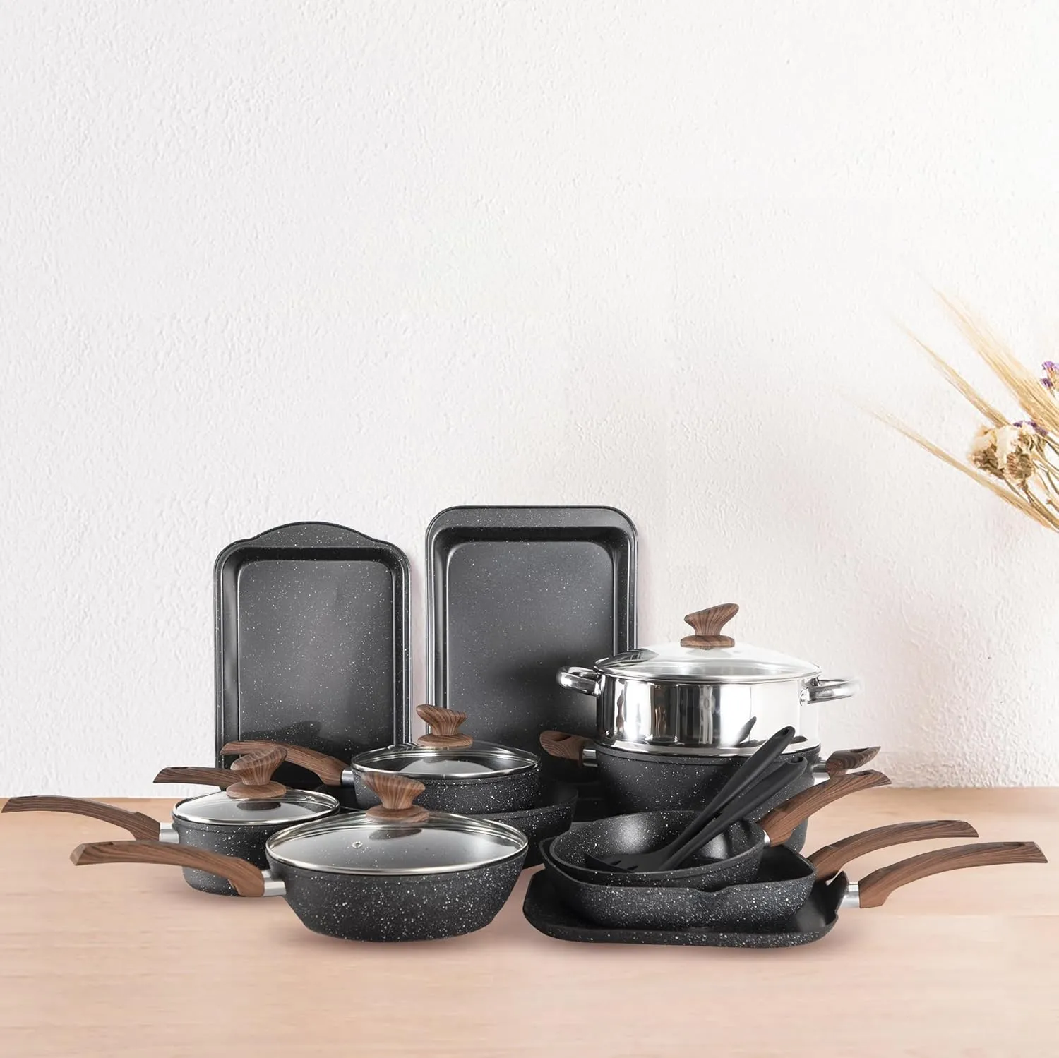 17 Piece Pots and Pans Set Non Stick, Nonstick Induction Granite Kitchen Cookware Set, Non Toxic Cookware Set with Frying Pans and Saucepan, Cooking Sets Pots and Pans, Black