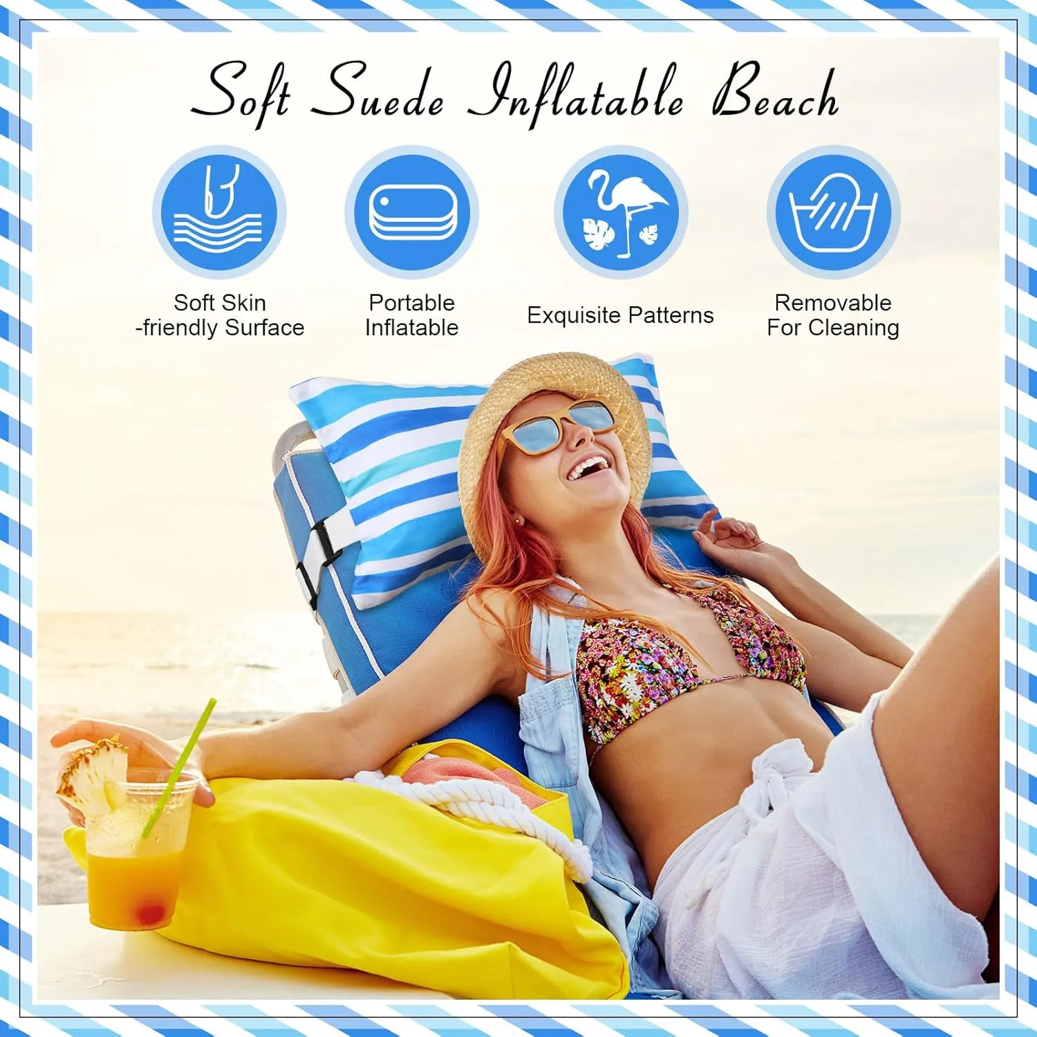 17"x10" Inflatable Beach Pillow with Removable Cover, Beach Chair Backpacking Pillow with Strap Stripe for Summer Sand Pools Travel Vacations(Blue White)