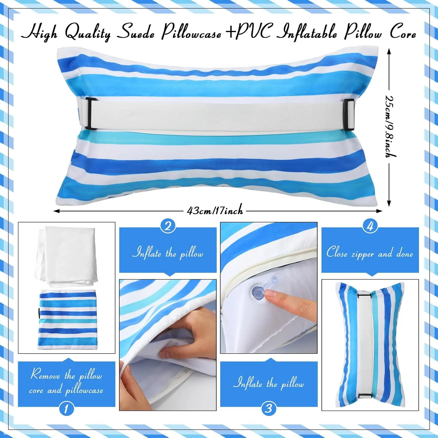 17"x10" Inflatable Beach Pillow with Removable Cover, Beach Chair Backpacking Pillow with Strap Stripe for Summer Sand Pools Travel Vacations(Blue White)
