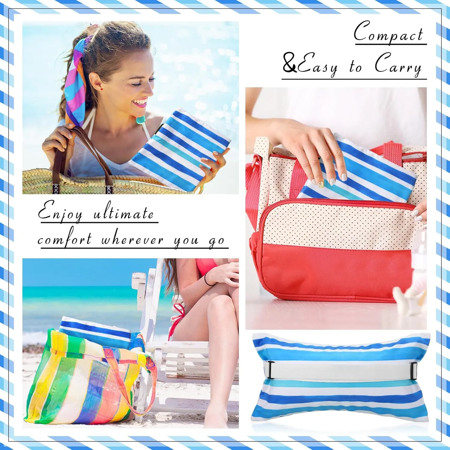 17"x10" Inflatable Beach Pillow with Removable Cover, Beach Chair Backpacking Pillow with Strap Stripe for Summer Sand Pools Travel Vacations(Blue White)