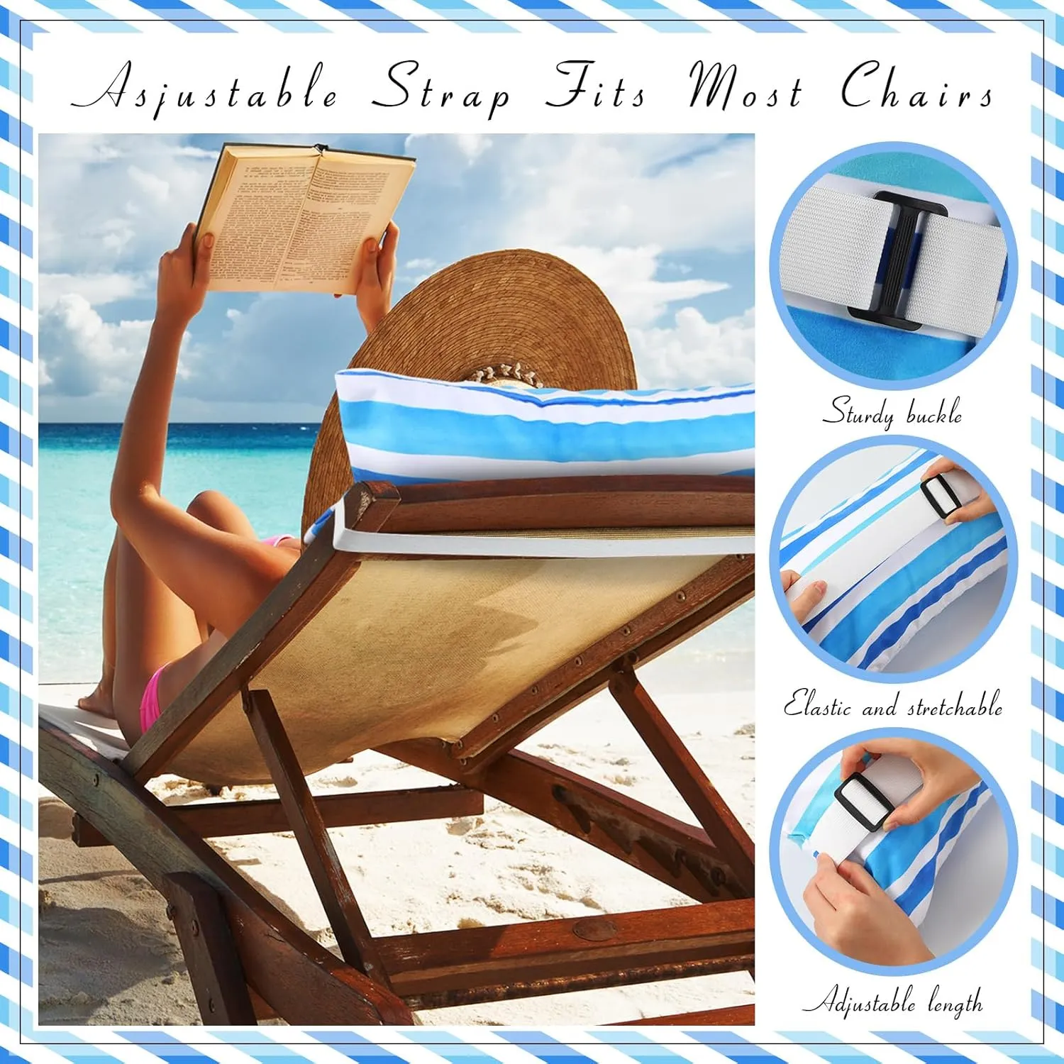 17"x10" Inflatable Beach Pillow with Removable Cover, Beach Chair Backpacking Pillow with Strap Stripe for Summer Sand Pools Travel Vacations(Blue White)