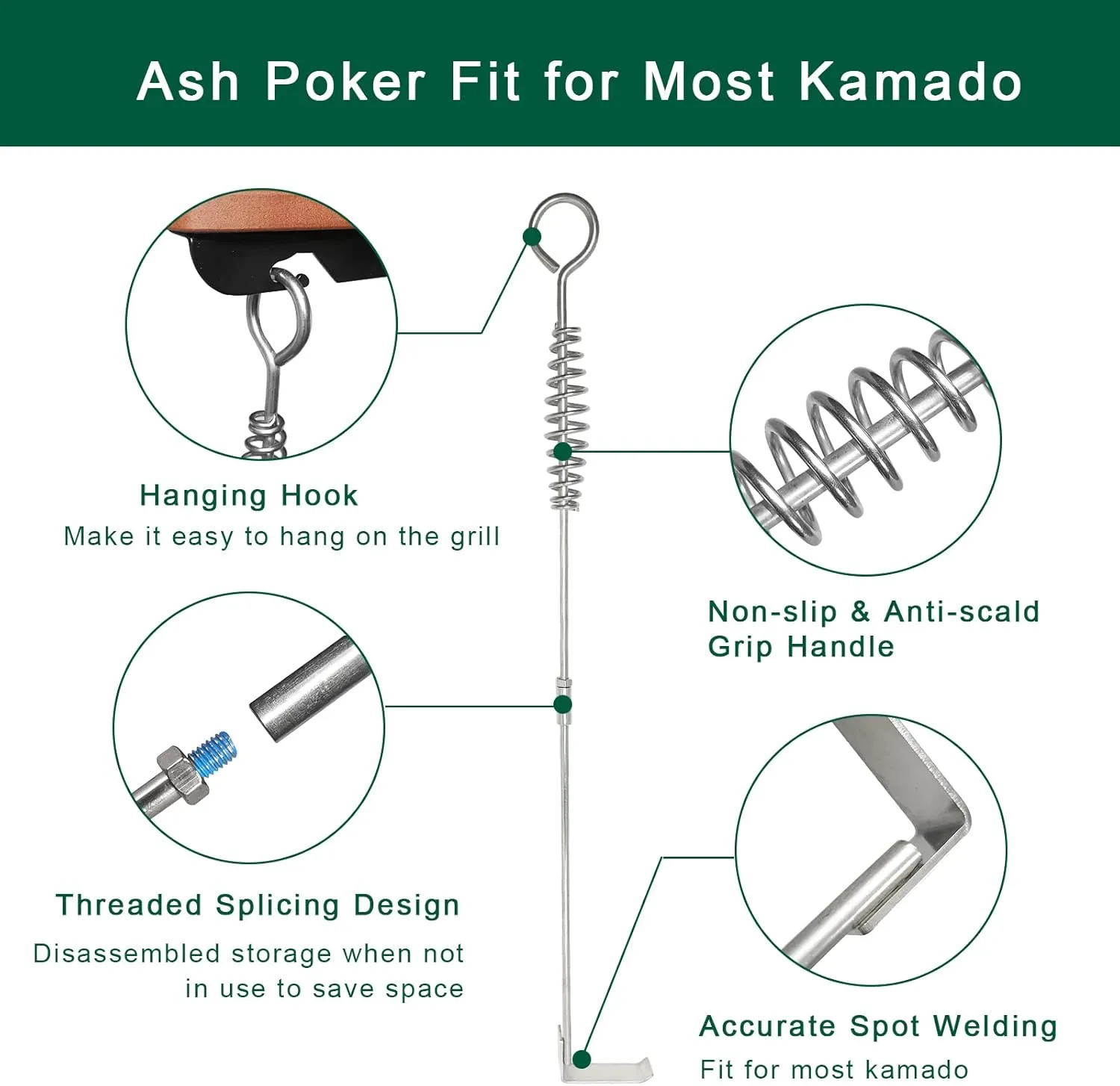 18” BBQ Ash Removal Tool and Ash Pan for Big Green Egg Accessories, Stainless Steel Ash Tool Poker for BGE Primo and Other Charcoal Kamado Stove(at AP)