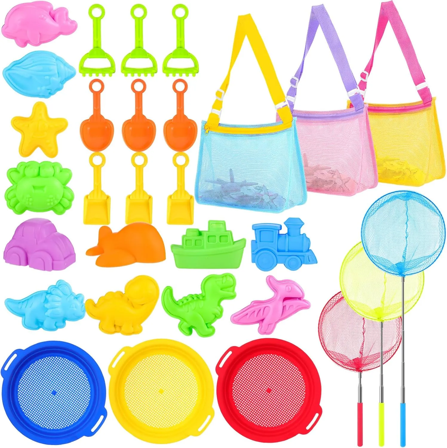 18 Pcs Collapsible Beach Toys Include Sand Sifter Sieves Collapsible Bucket Mesh Beach Bag Tool Kits Retractable Net Sand Mold Kits for Summer Activities
