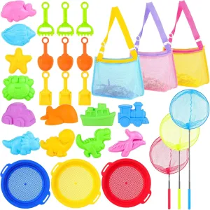 18 Pcs Collapsible Beach Toys Include Sand Sifter Sieves Collapsible Bucket Mesh Beach Bag Tool Kits Retractable Net Sand Mold Kits for Summer Activities