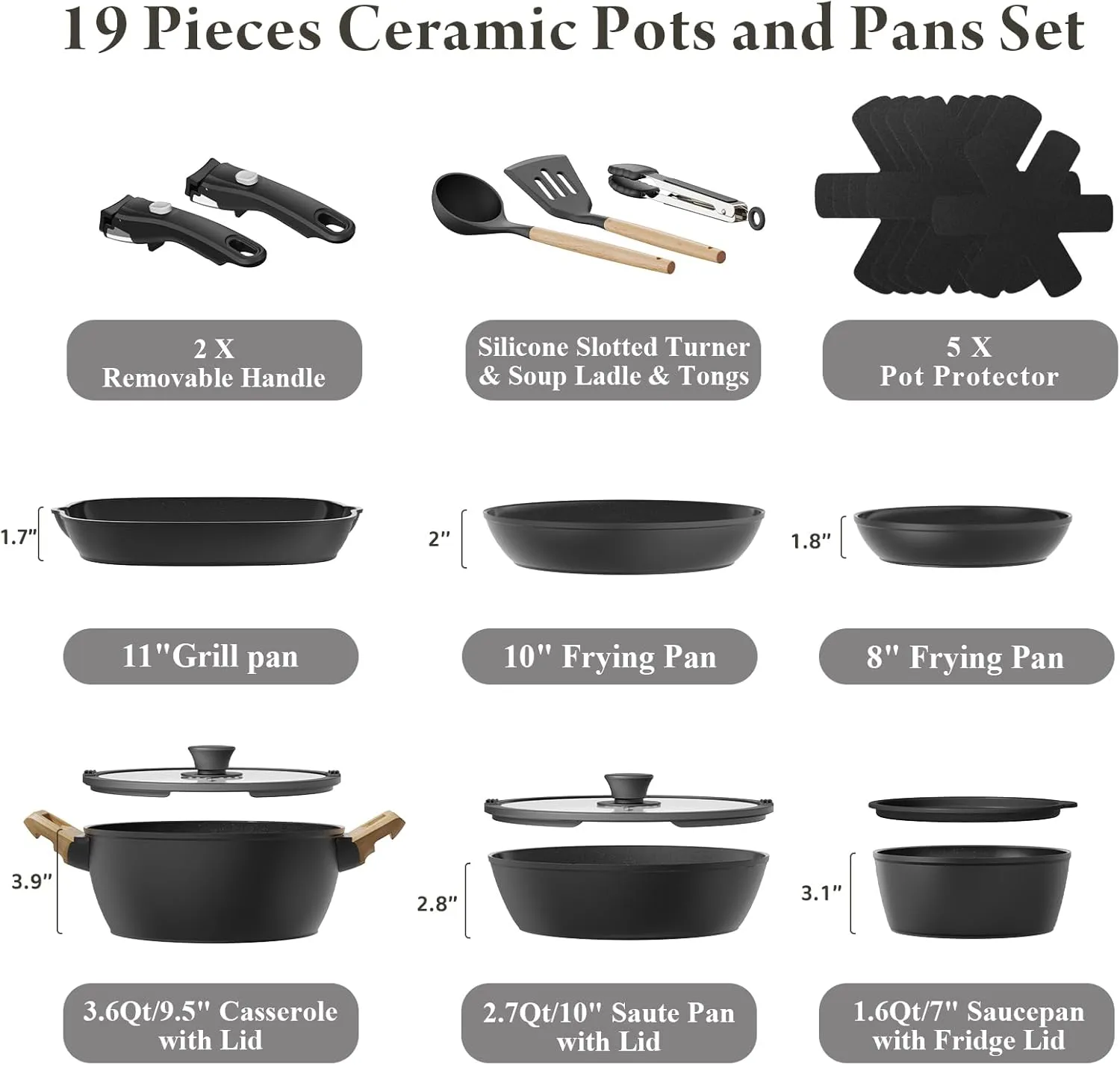 19 Pcs Pots and Pans Set Non Stick Ceramic Cookware Set with Removable Handles, Non Toxic Induction Kitchen Cookware Sets RV Cookware,Dishwasher/Oven Safe PFAS/PTFE/PFOA Free,Black