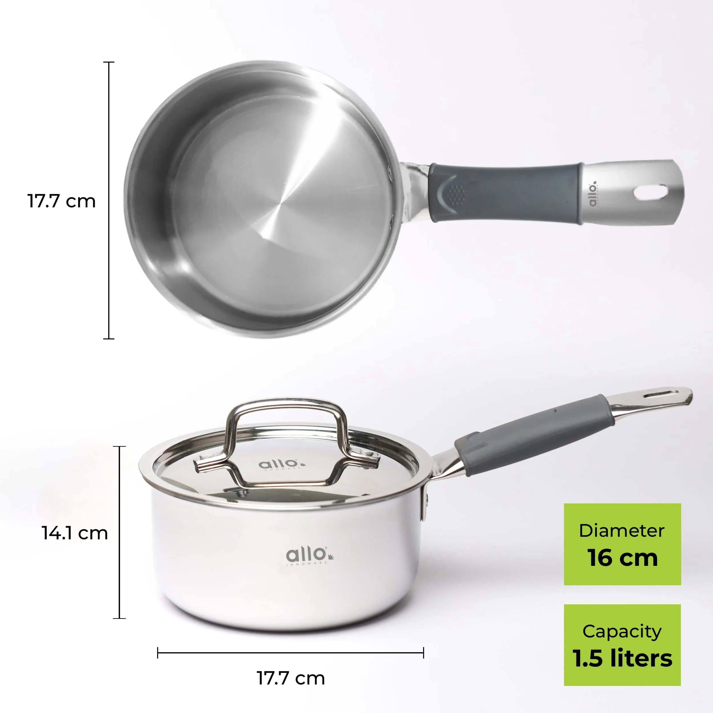 1L Allo CookSafe TriPly Sauce pan | Stainless Steel | With Stainless Steel Lid | Induction Friendly | Naturally Non-stick | 14cm