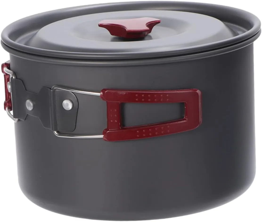 1pc Aluminum Alloy Cooking Pot Set Camping Cooker for Outdoor Single Pot Set Portable Handle Silicone Cover Grey