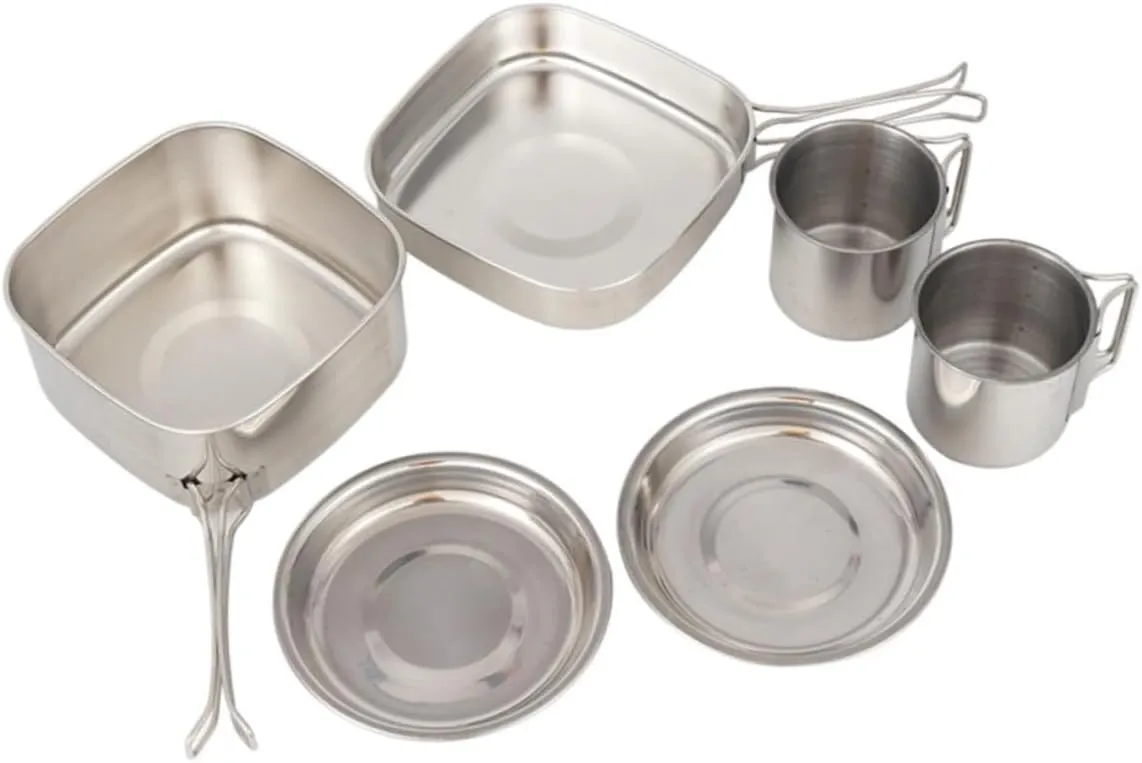 1set Camping Cookware Set Outdoor Cooking Gear Pot Frying Pan Plates Cups Space-Saving Folding Handles for Backpacking Picnic Travel