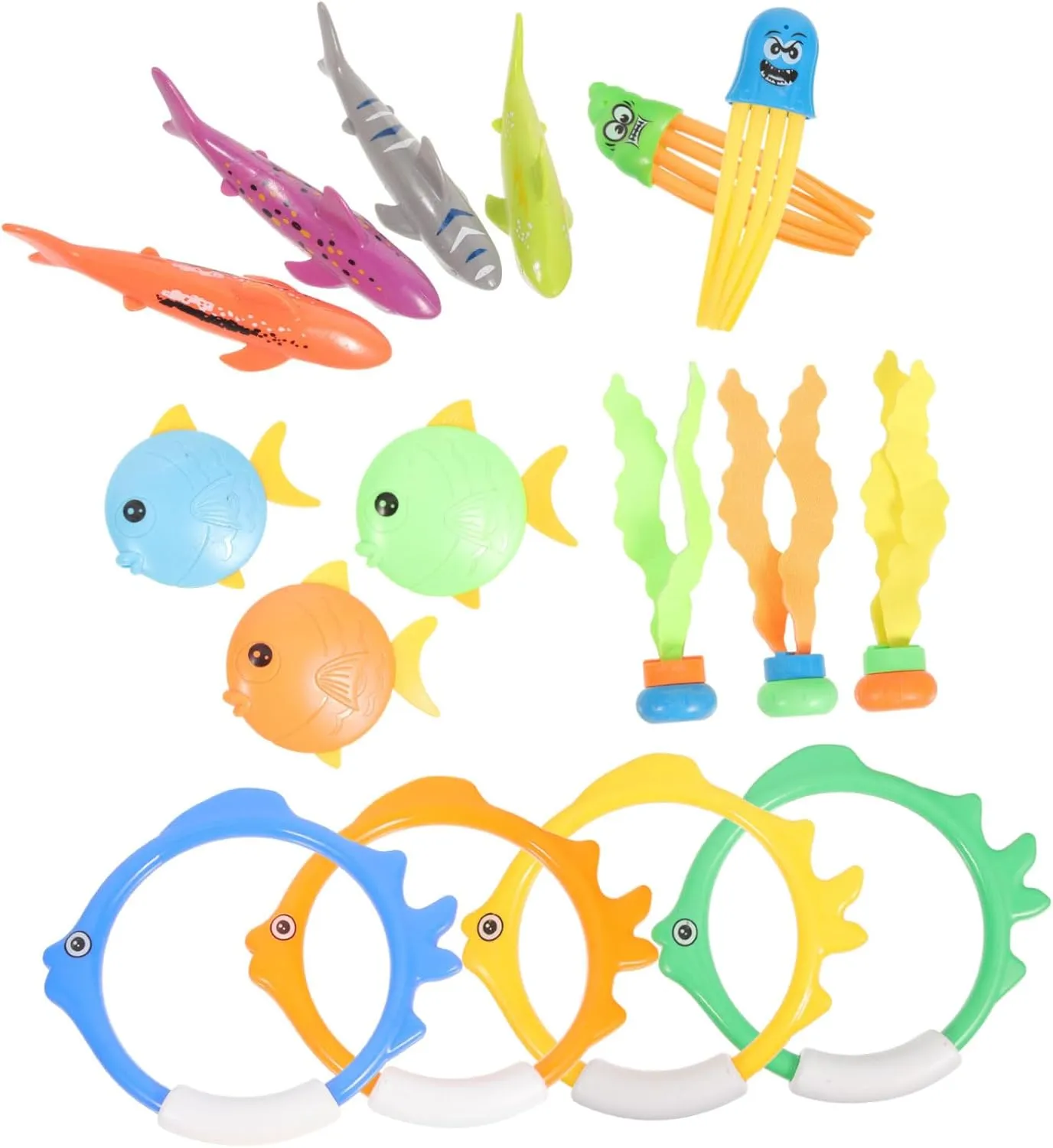 1Set Diving Swimming Pool Bundle with Shark Figures Seaweed Fish Jellyfish Dive Sticks and Dive Rings for Pool Games and Swim Training