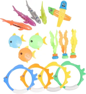 1Set Diving Swimming Pool Bundle with Shark Figures Seaweed Fish Jellyfish Dive Sticks and Dive Rings for Pool Games and Swim Training