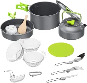 1Set Outdoor Camping Cooking Portable Cookware Kit with Pot Frying Pan Teapot Cutlery and Bowls Lightweight Durable Space Saving Design for Hiking BBQ and Picnics