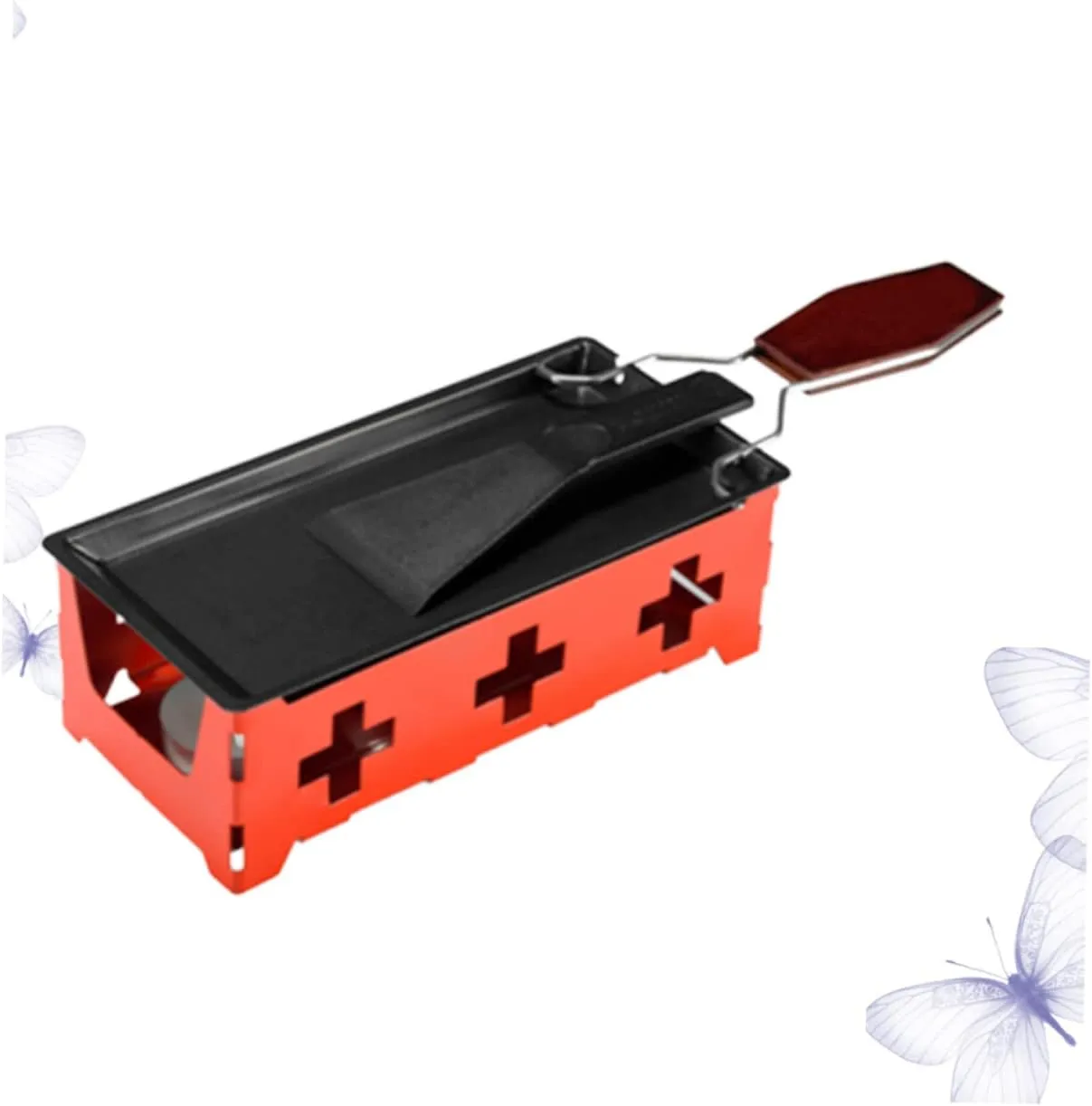 1set Portable Mini Cheese Grill Set Non-stick Bakeware with Red Stove Rack Baking Tray Small Spatula for Outdoor Camping Kitchen Use with Handle