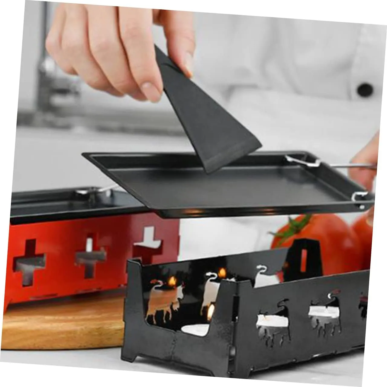 1set Portable Mini Cheese Grill Set Non-stick Bakeware with Red Stove Rack Baking Tray Small Spatula for Outdoor Camping Kitchen Use with Handle