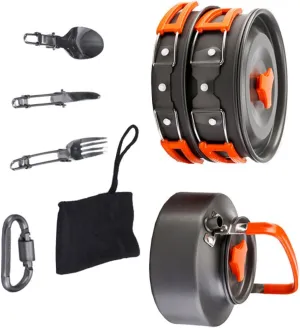 2-3 Person Camping Cookware Set Portable Cooking Pan Teapot Stove Orange Kitchenware for Hiking