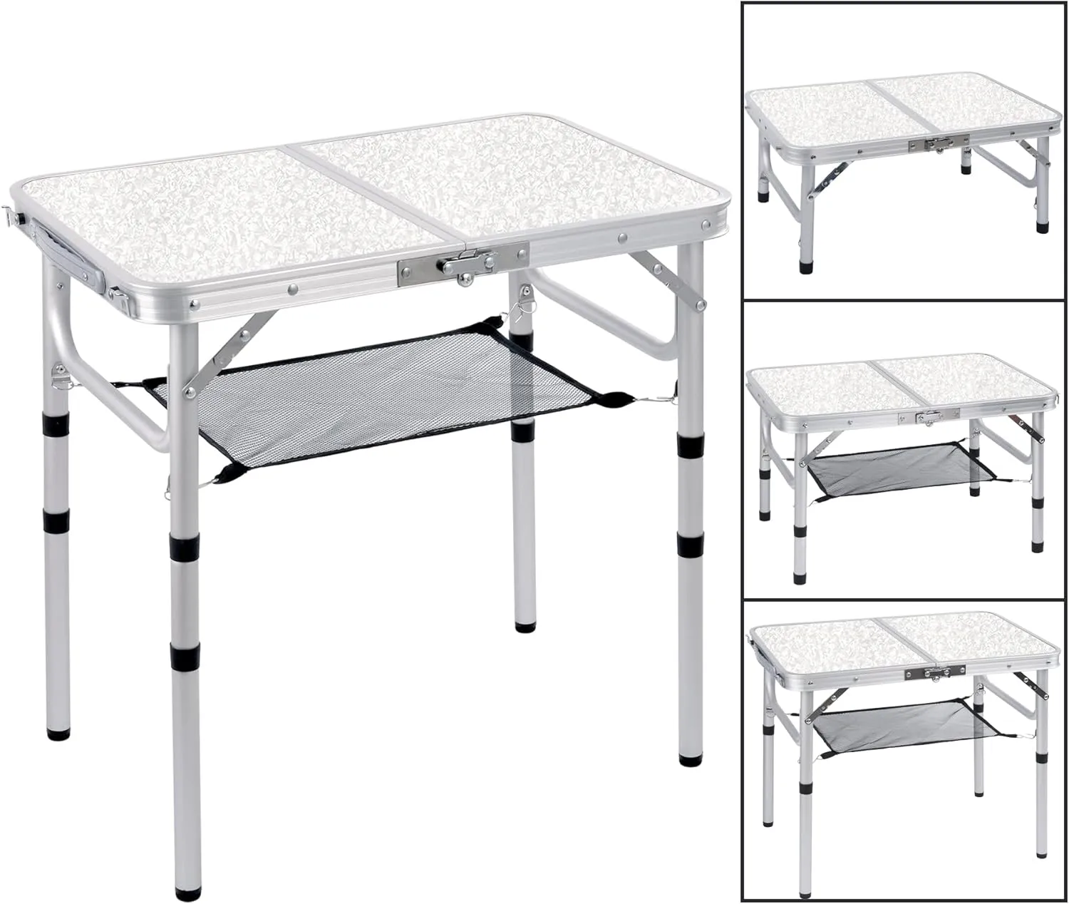 2 Foot Folding Camping Table for Small Spaces, Lightweight Foldable Table Adjustable Height with Aluminum Legs for Camping Trips, White
