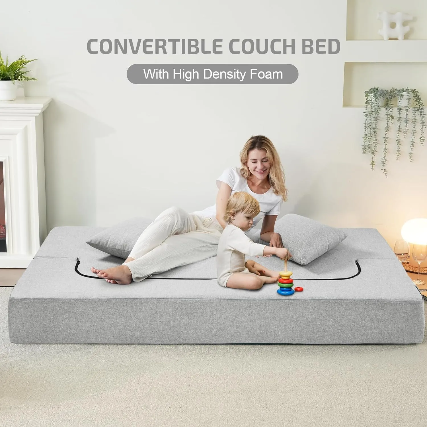 2-in-1 Folding Sofa Bed with 2 Pillows - Folding Chair Floor Couch & Sleeping Mattress - Washable Cover & Memory Foam Sleeper Chair for Living Room/Guest Room/Apartment/Loft, Twin XL