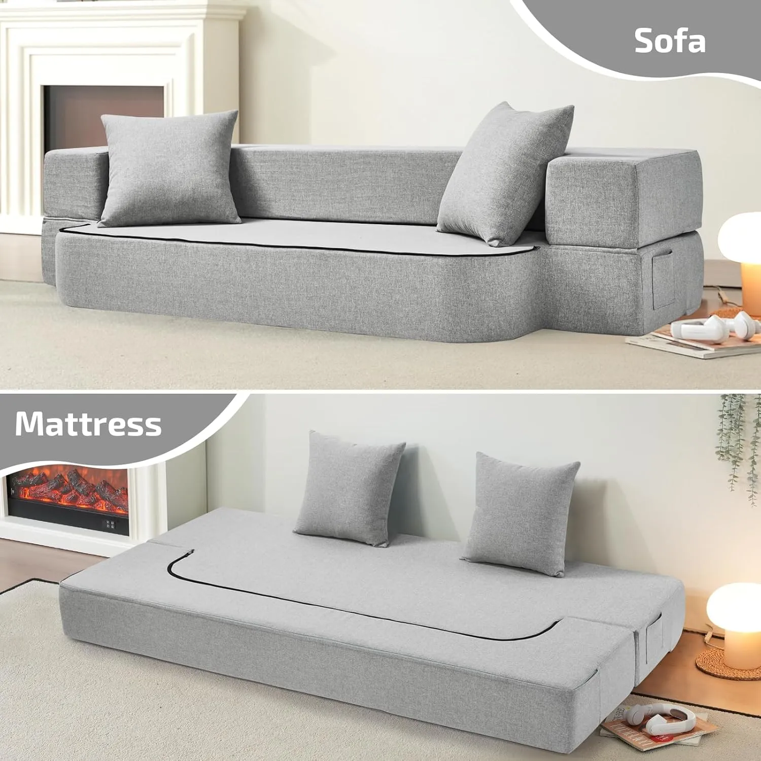 2-in-1 Folding Sofa Bed with 2 Pillows - Folding Chair Floor Couch & Sleeping Mattress - Washable Cover & Memory Foam Sleeper Chair for Living Room/Guest Room/Apartment/Loft, Twin XL