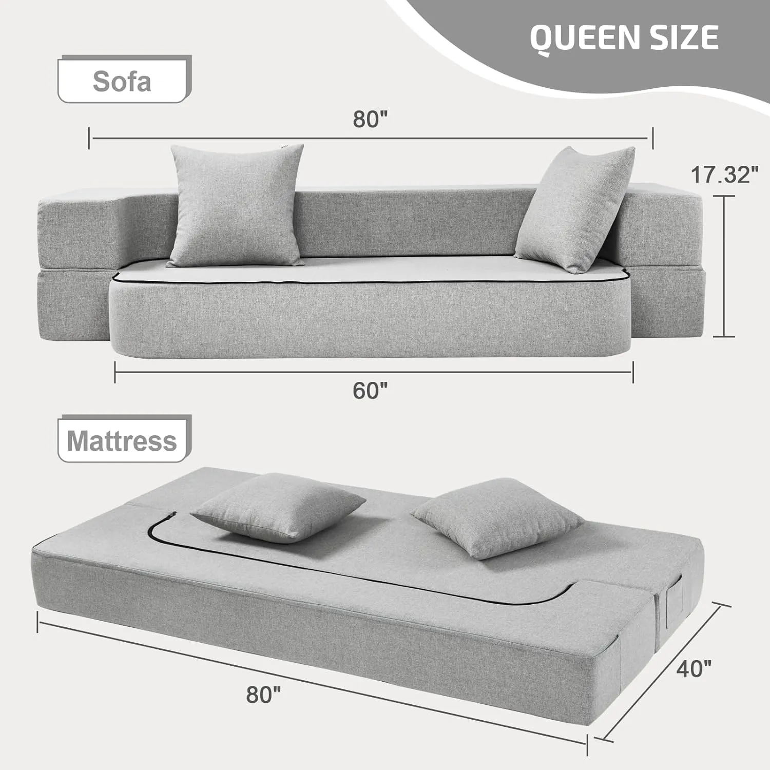 2-in-1 Folding Sofa Bed with 2 Pillows - Folding Chair Floor Couch & Sleeping Mattress - Washable Cover & Memory Foam Sleeper Chair for Living Room/Guest Room/Apartment/Loft, Twin XL