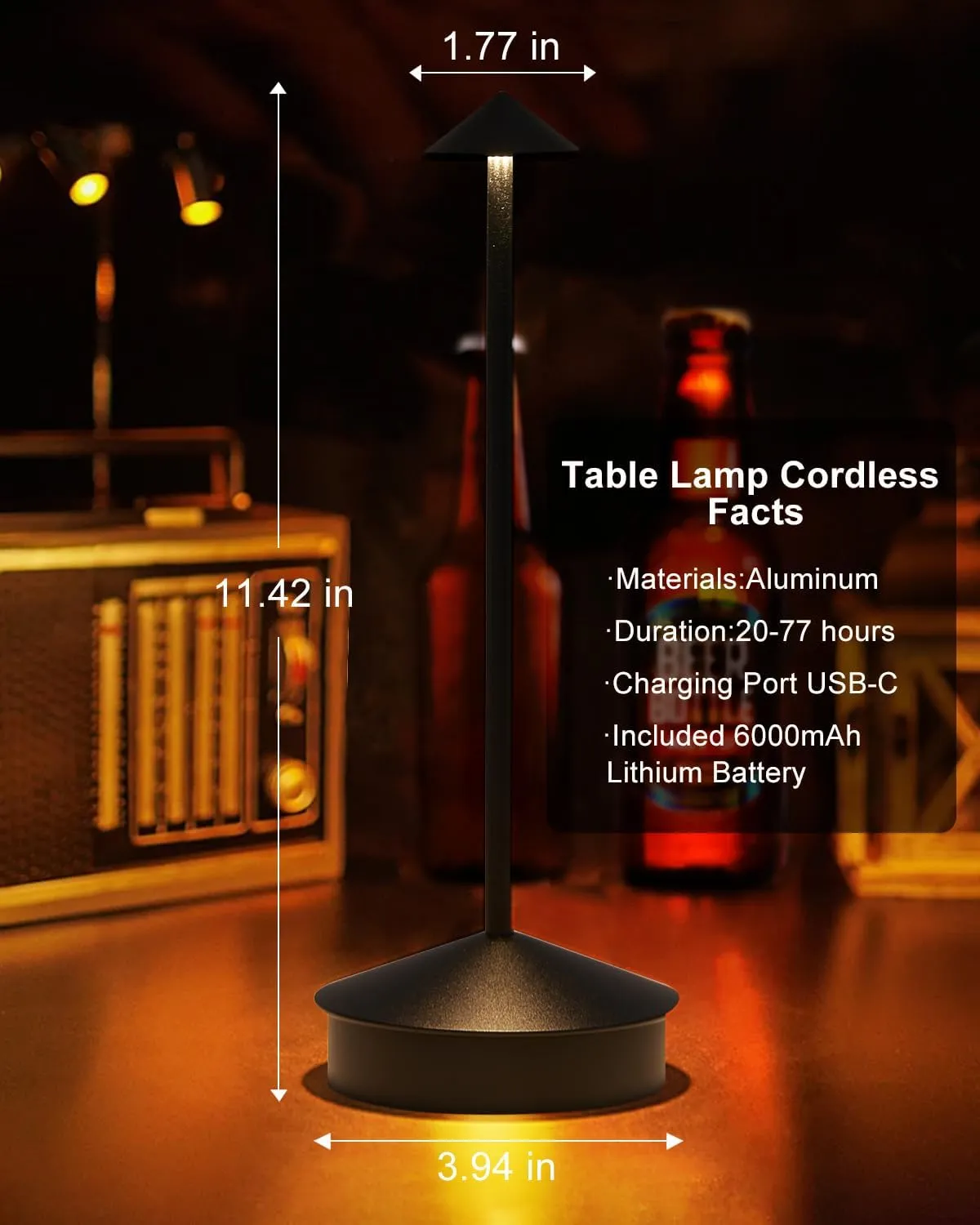 2 Pack Aluminum Cordless Table Lamp, 6000mAh Rechargeable Table Lamps, Portable Touch LED Lamp, Outdoor Waterproof Dimmable Cordless Rechargeable Table Lamps for Restaurant/Patio- Black (Black)