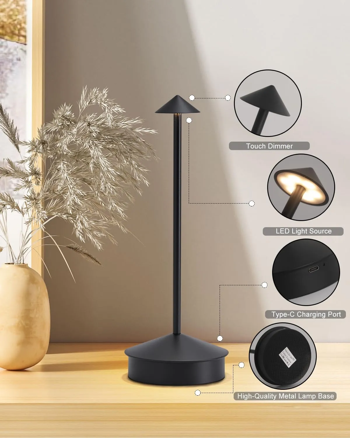 2 Pack Aluminum Cordless Table Lamp, 6000mAh Rechargeable Table Lamps, Portable Touch LED Lamp, Outdoor Waterproof Dimmable Cordless Rechargeable Table Lamps for Restaurant/Patio- Black (Black)