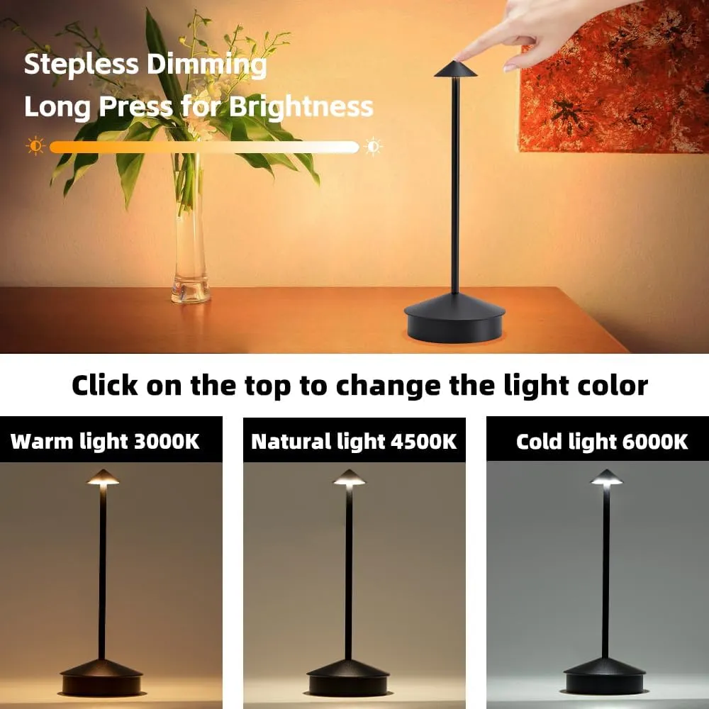 2 Pack Aluminum Cordless Table Lamp, 6000mAh Rechargeable Table Lamps, Portable Touch LED Lamp, Outdoor Waterproof Dimmable Cordless Rechargeable Table Lamps for Restaurant/Patio- Black (Black)