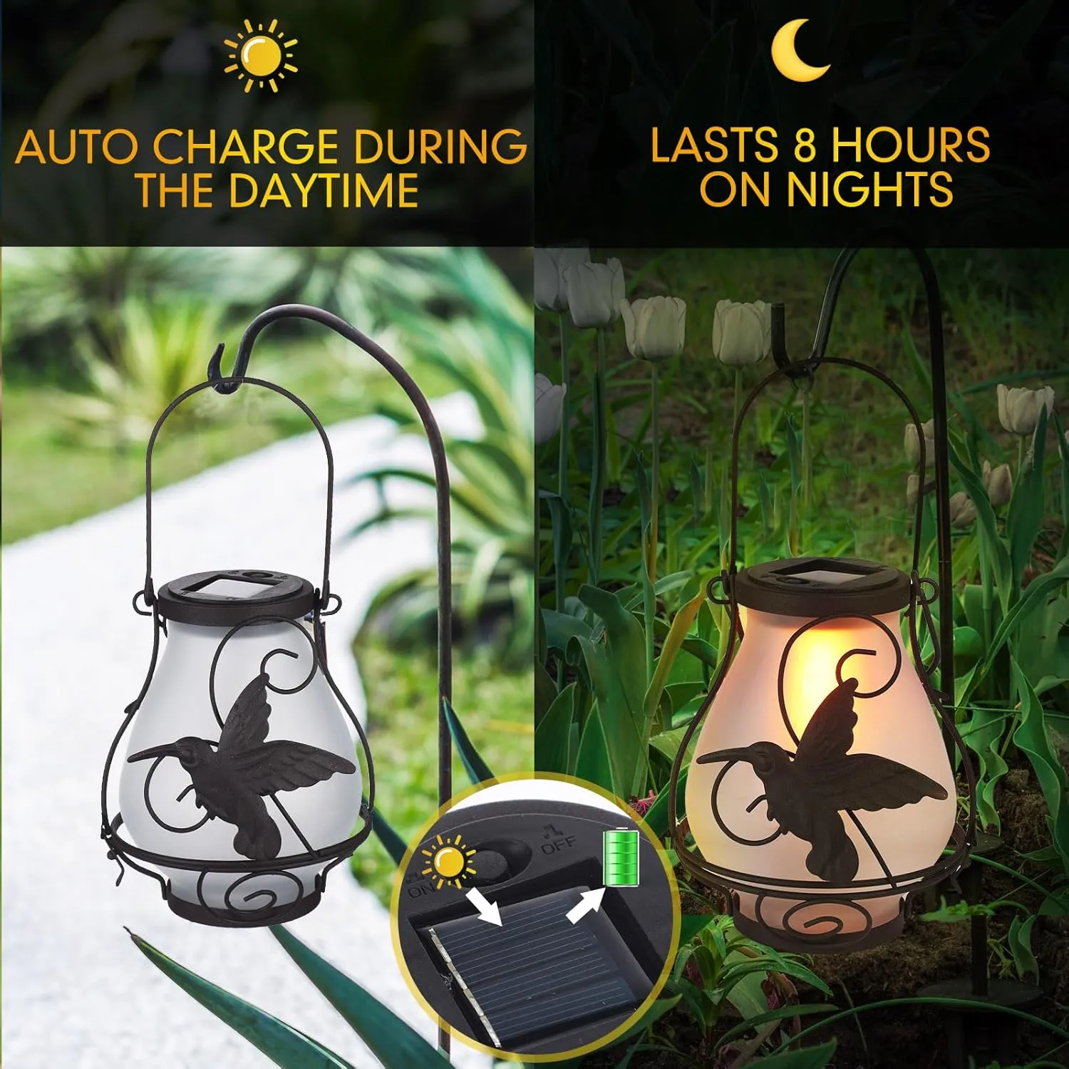 2 Pack Solar Flame Lights Outdoor Metal Lantern Hanging Waterproof LED for Patio Garden Decorations(Hummingbird)
