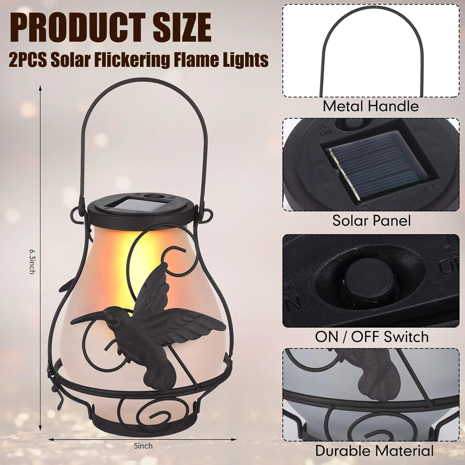 2 Pack Solar Flame Lights Outdoor Metal Lantern Hanging Waterproof LED for Patio Garden Decorations(Hummingbird)