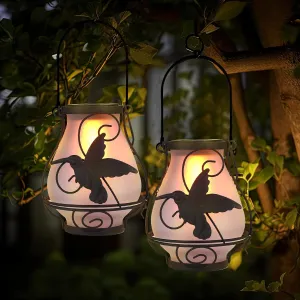 2 Pack Solar Flame Lights Outdoor Metal Lantern Hanging Waterproof LED for Patio Garden Decorations(Hummingbird)