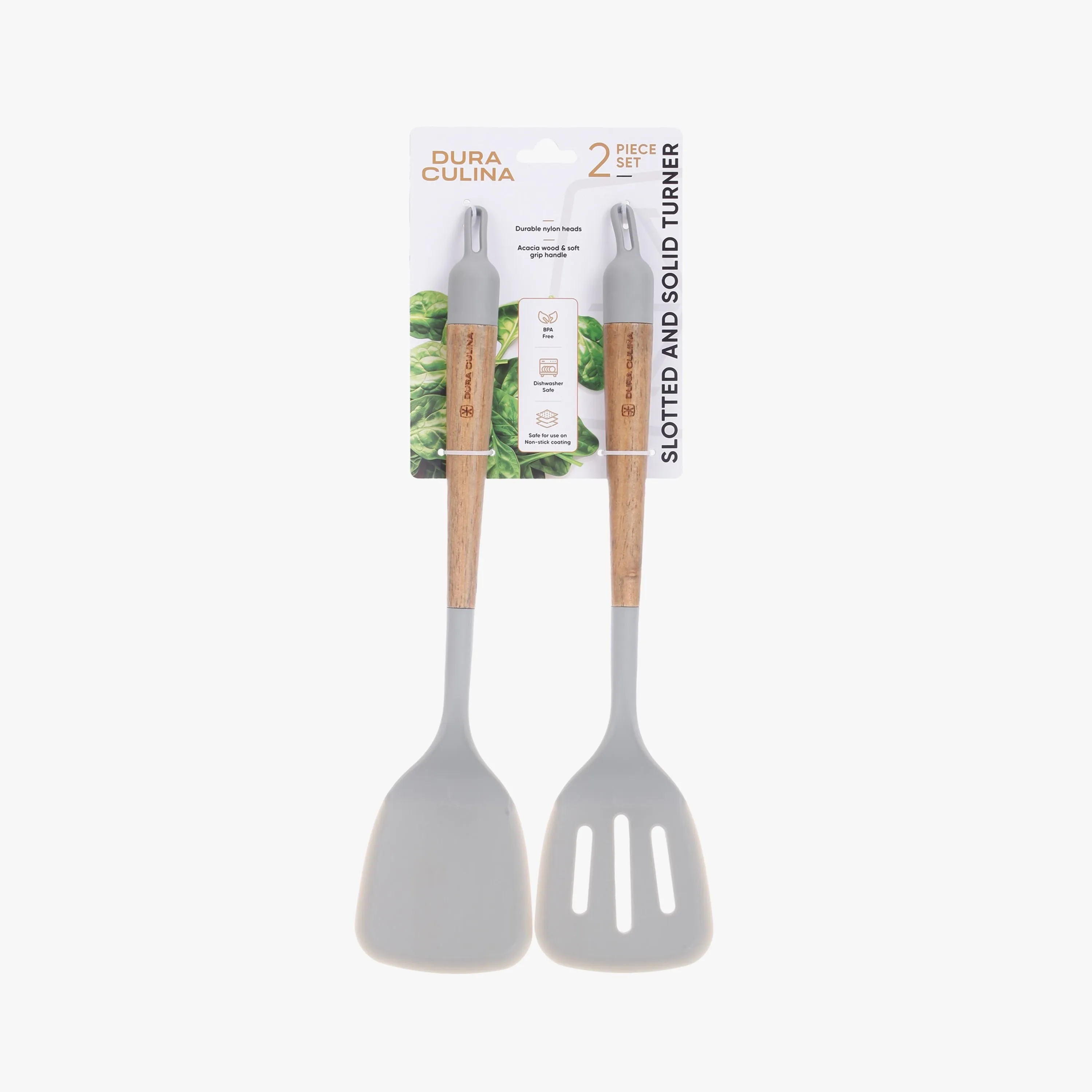 2-Piece Solid & Slotted Turner Set  Acacia Wood Handles, Non-Stick Safe Nylon Heads, Soft Grip Handles, Heat Resistant by Dura Living