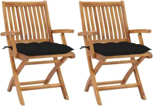 2-Piece Teak Wood Patio Chairs with Black Cushions, Foldable Outdoor Furniture for Garden Poolside Backyard, Durable Weather-Resistant Lounge Chairs
