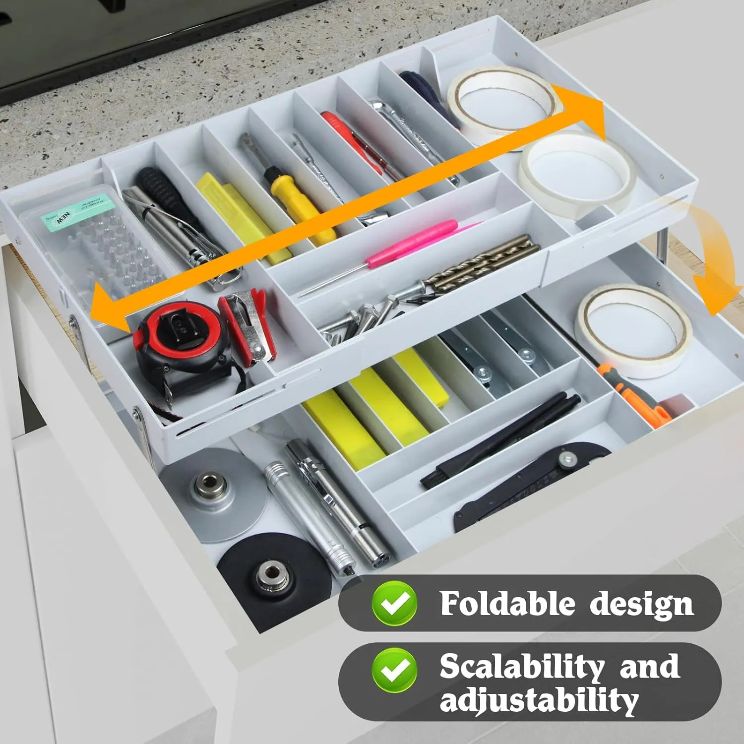 2 Tier Drawer Organizer，Multi Level Stacking Folding Organizer，Foldable Collapsible Shallow Storage Drawers Tray Expandable, Multilevel Desk Space Organizer