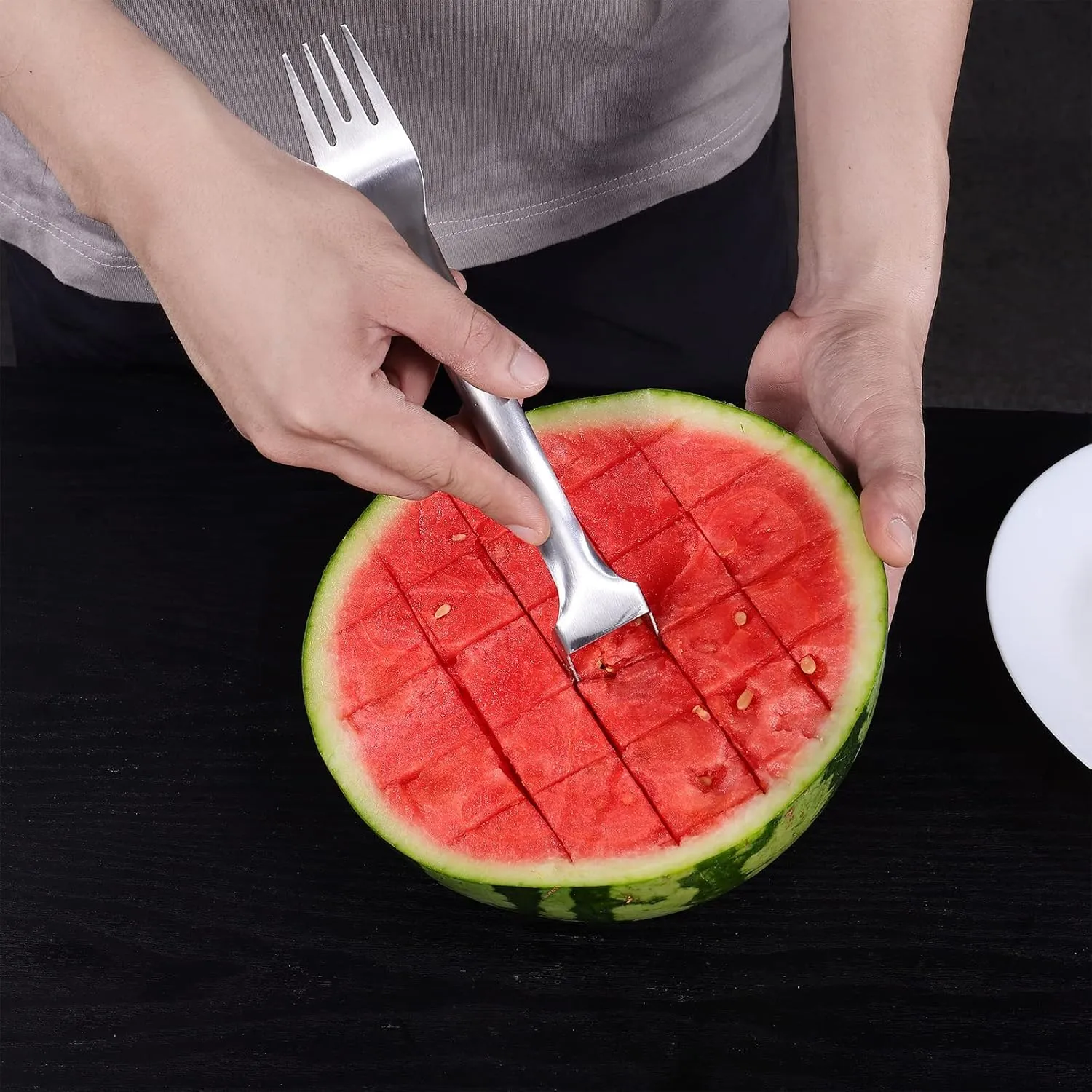 2025 New 2 in 1 Stainless Steel Fruit Cutter, Upgeade Portable Dual Head Stainless Steel Watermelon Cutter, Summer Watermelon Cutting Artifact Fruit Forks Slicer Knife for Parties Camping (3)