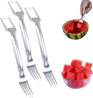 2025 New 2 in 1 Stainless Steel Fruit Cutter, Upgeade Portable Dual Head Stainless Steel Watermelon Cutter, Summer Watermelon Cutting Artifact Fruit Forks Slicer Knife for Parties Camping (3)